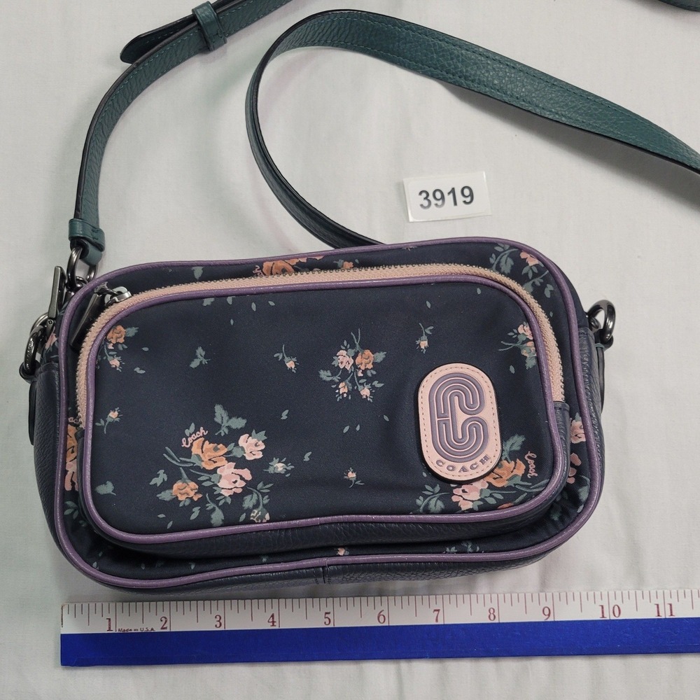 COACH Floral Print Nylon Court Crossbody Phone Bag Leather Navy Pink Purple